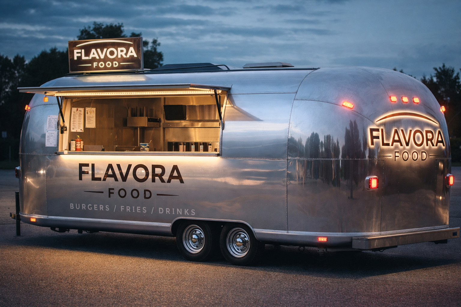 Nasvícený Flavora.food Airstream večer
